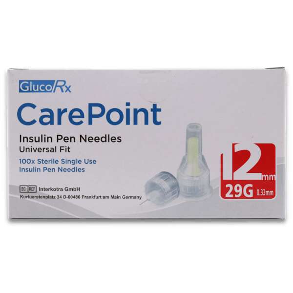 GlucoRx CarePoint Insulin Pen Needles 12mm 29G 100 Pack