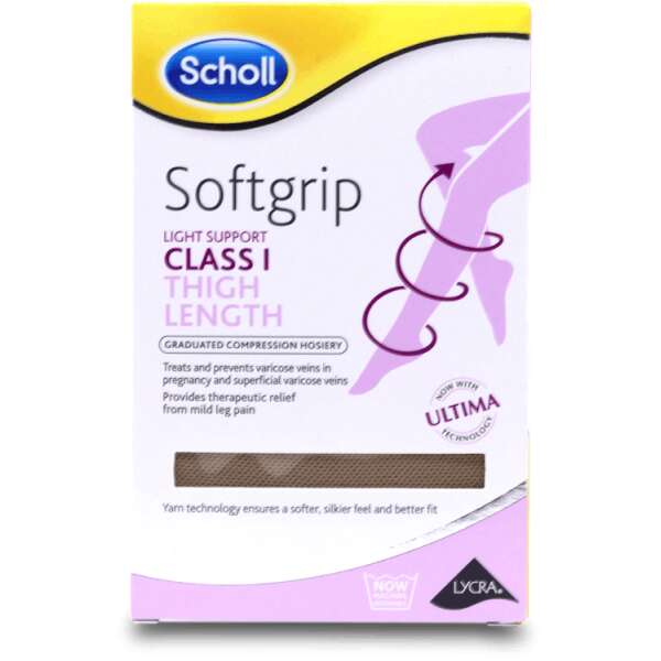 Scholl Softgrip C1 Thigh Length Compression Hosiery Medium Closed Toe Natural