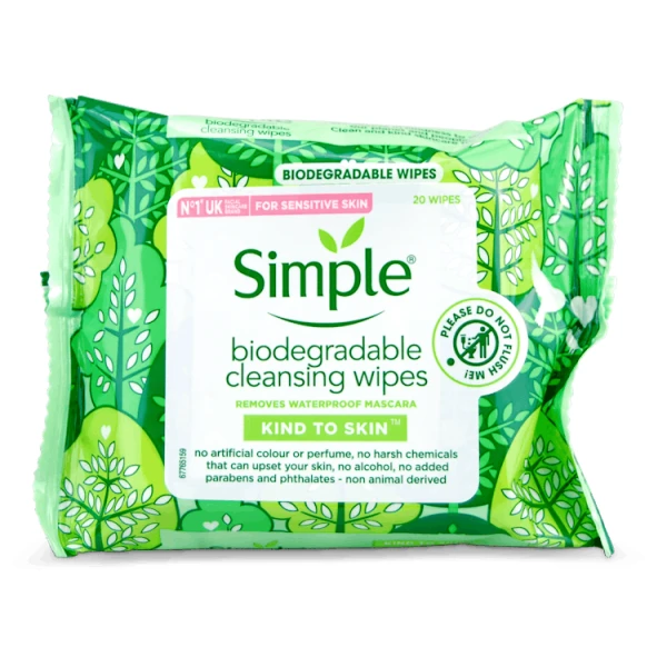 Simple Biodegradable Cleansing Face Wipes 20 Pack