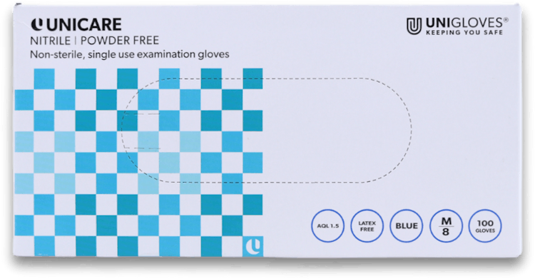 Unicare Nitrile Powder Free Examination Gloves Medium 100 Pack